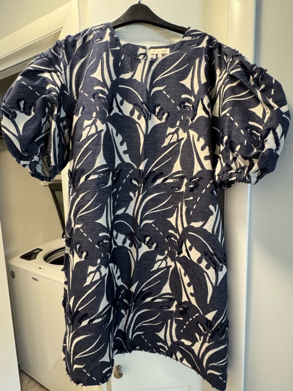 Ann Mashburn Navy and White Leaf Print Puff Sleeve Dress size XL